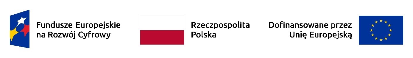 Pol lewej logo funduszy europejskich na rozwój cyfrowy, po środku flaga Rzeczpospolitej Polskiej, po prawej flaga Unii Europejskiej