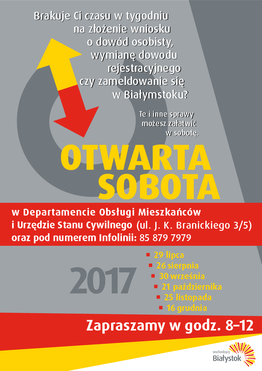 Plakat informujący o otwartej sobocie w Departamencie Obsługi Mieszkańców