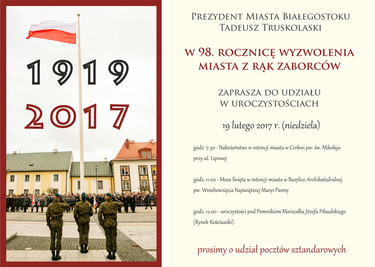 Zaproszenie na uroczystość w 98. rocznicę wyzwolenia miasta z rąk zaborców